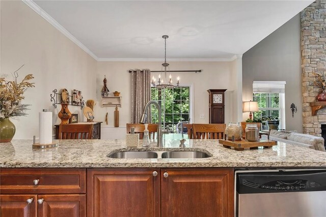 kitchen featuring stainless steel fridge, light wood-type flooring, arched walkways, ornamental molding, and light stone counters