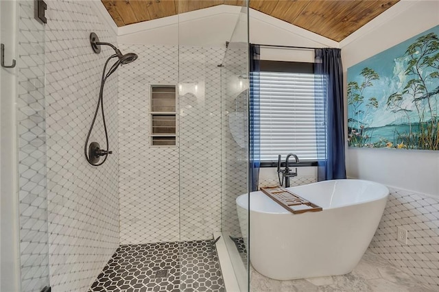 full bathroom featuring wood ceiling, lofted ceiling, a stall shower, and a freestanding bath