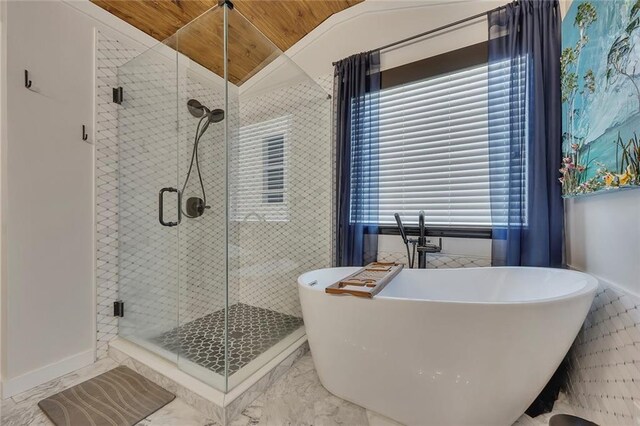 bathroom featuring marble look tile flooring, a stall shower, wood ceiling, a soaking tub, and lofted ceiling