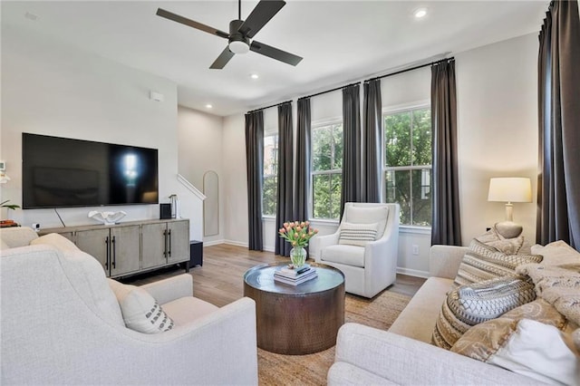 126 Chestnut Cir, Atlanta, GA 30342 - living area featuring light wood finished floors, ceiling fan, baseboards, and recessed lighting
