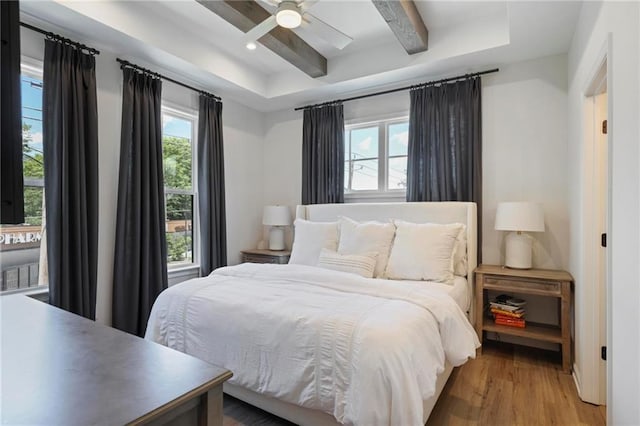 126 Chestnut Cir, Atlanta, GA 30342 - bedroom with wood finished floors, beamed ceiling, recessed lighting, and ceiling fan