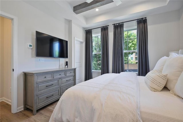 126 Chestnut Cir, Atlanta, GA 30342 - bedroom with light wood-style flooring, baseboards, beam ceiling, recessed lighting, and ceiling fan