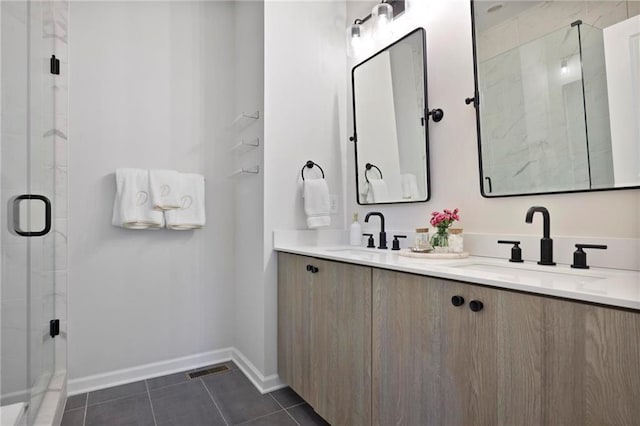 126 Chestnut Cir, Atlanta, GA 30342 - bathroom with double vanity, a shower stall, tile patterned flooring, and baseboards