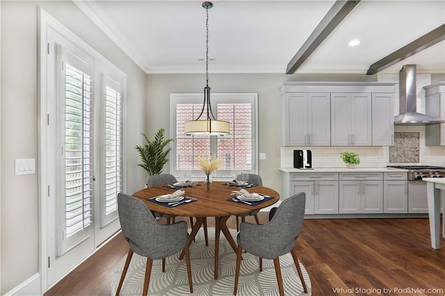 4884 Kentwood Dr, Marietta, GA 30068 - dining space featuring crown molding, recessed lighting, dark wood-style flooring, and beam ceiling