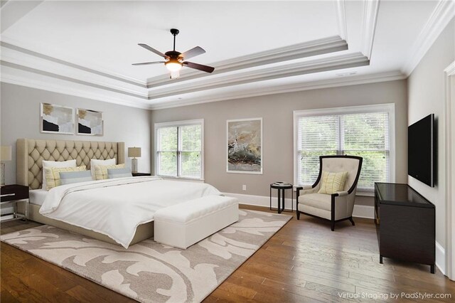 4884 Kentwood Dr, Marietta, GA 30068 - bedroom featuring wood-type flooring, ornamental molding, baseboards, a tray ceiling, and a ceiling fan