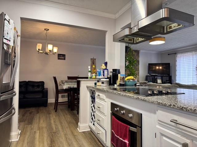 kitchen featuring dark wood-type flooring, appliances with stainless steel finishes, hanging light fixtures, ventilation hood, and white cabinets