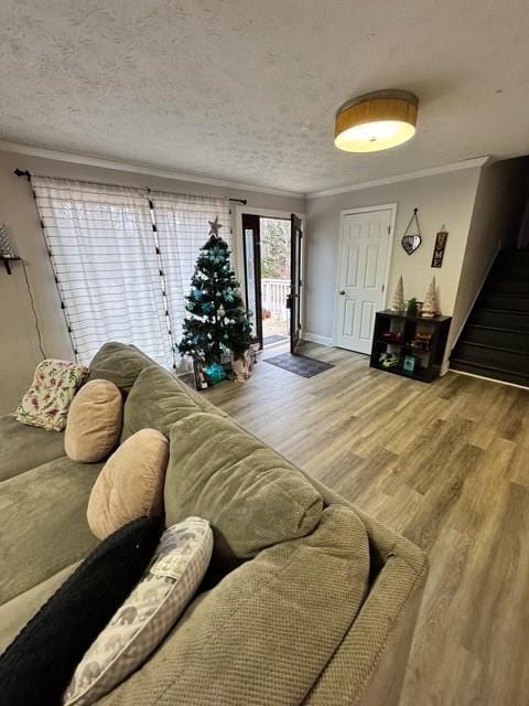 living room featuring crown molding, hardwood / wood-style floors, and a textured ceiling