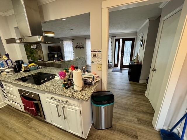 kitchen featuring island range hood, wood-type flooring, black electric cooktop, oven, and white cabinets