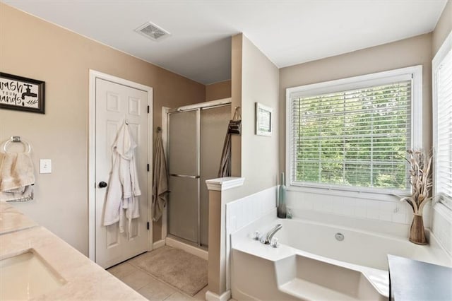 242 Sandhurst Ct, Suwanee, GA 30024 - bathroom with a bath, a stall shower, double vanity, and tile patterned flooring