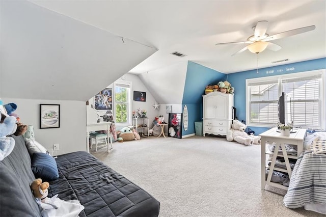 242 Sandhurst Ct, Suwanee, GA 30024 - bedroom featuring carpet flooring, vaulted ceiling, and ceiling fan