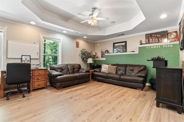 242 Sandhurst Ct, Suwanee, GA 30024 - home office with a tray ceiling, crown molding, ceiling fan, light wood finished floors, and recessed lighting