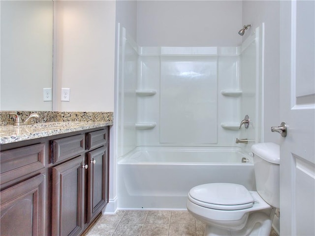 full bathroom with shower / bathing tub combination, tile patterned floors, vanity, and toilet