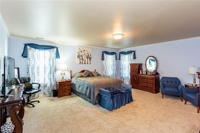 bedroom featuring crown molding, light carpet, and multiple windows