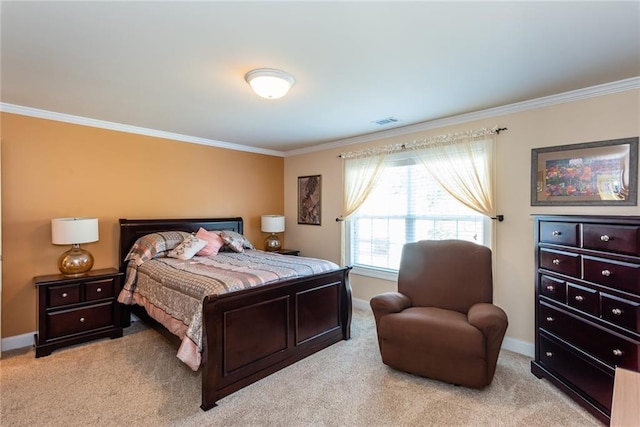 bedroom featuring crown molding and light colored carpet