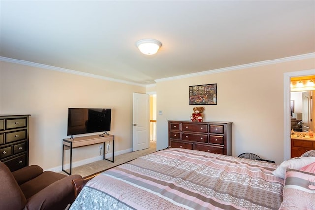 bedroom featuring ensuite bathroom, light carpet, and ornamental molding