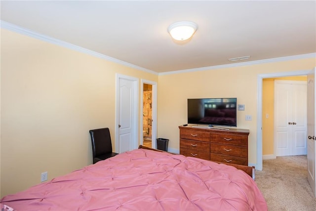 carpeted bedroom featuring crown molding