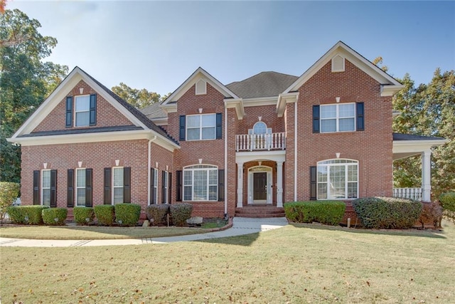 view of front of home with a balcony and a front yard