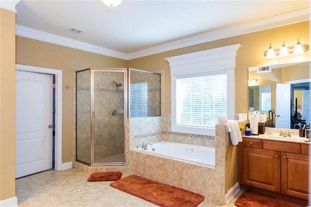 bathroom featuring vanity, crown molding, tile patterned floors, and independent shower and bath