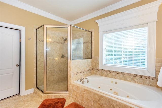 bathroom featuring crown molding, tile patterned floors, and separate shower and tub