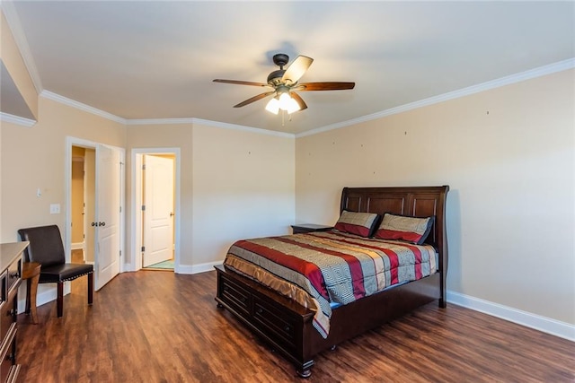 bedroom featuring crown molding, dark hardwood / wood-style floors, and ceiling fan