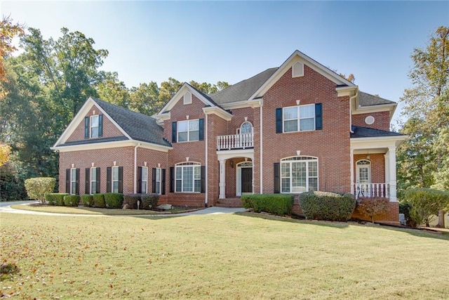 view of front of property with a front yard and a balcony