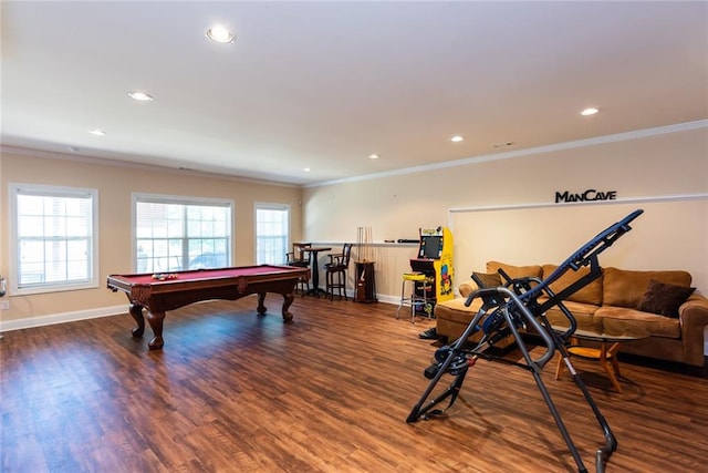 recreation room featuring crown molding, billiards, and dark hardwood / wood-style flooring