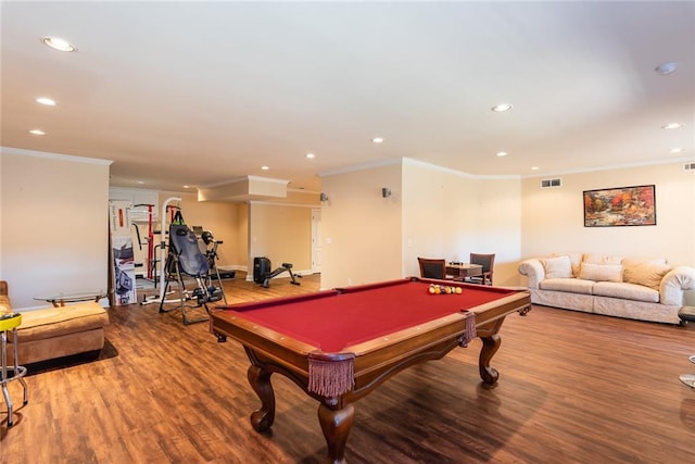 game room featuring crown molding, wood-type flooring, and billiards