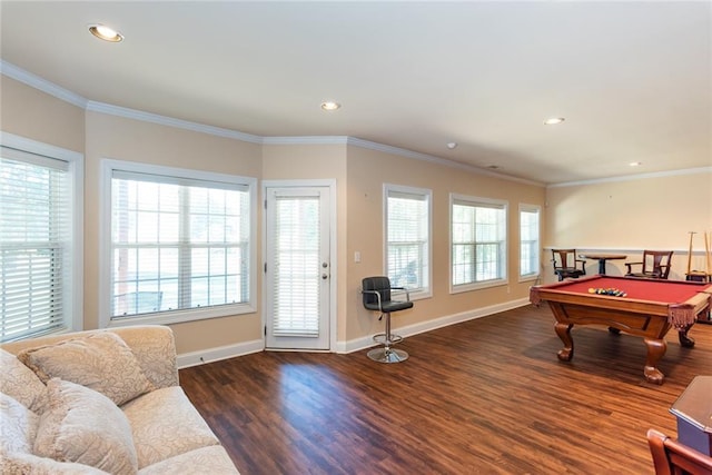 recreation room with crown molding, dark hardwood / wood-style floors, a healthy amount of sunlight, and billiards