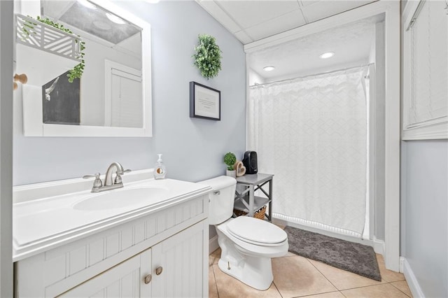 253 Grindstone Creek Dr, Clarkesville, GA 30523 - bathroom with vanity, toilet, tile patterned floors, a shower with shower curtain, and baseboards