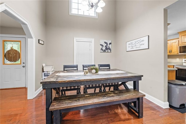 253 Grindstone Creek Dr, Clarkesville, GA 30523 - dining area featuring a high ceiling, wood finished floors, baseboards, and a chandelier