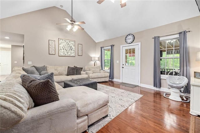 253 Grindstone Creek Dr, Clarkesville, GA 30523 - living room featuring a ceiling fan, wood finished floors, high vaulted ceiling, and baseboards