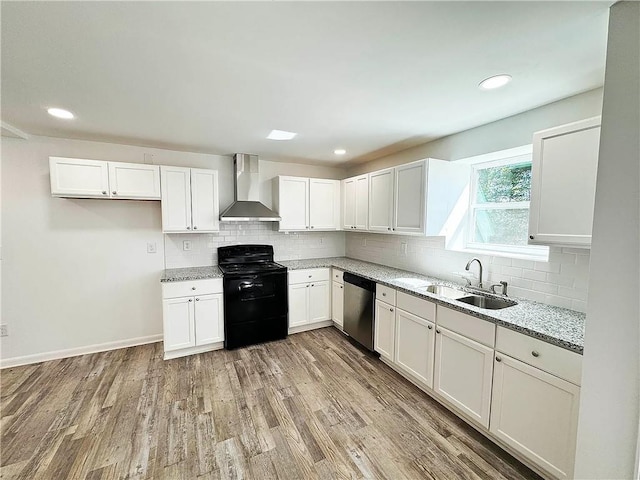 kitchen with white cabinets, dishwasher, wall chimney range hood, black range with electric stovetop, and sink