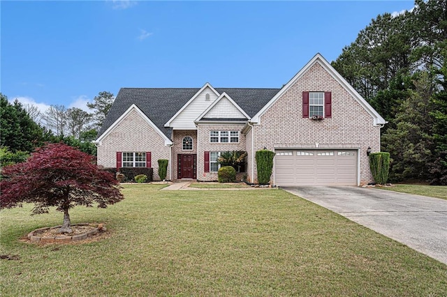 traditional-style home with an attached garage, concrete driveway, a front yard, and brick siding