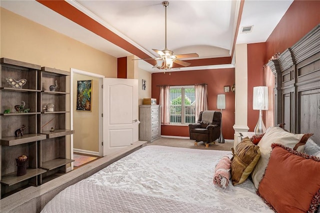 bedroom featuring a ceiling fan, baseboards, and visible vents