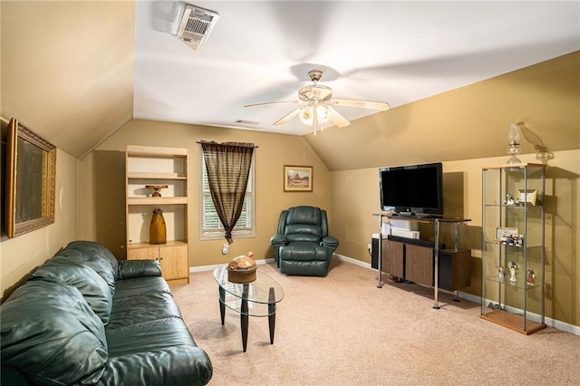 living room featuring ceiling fan, carpet, baseboards, lofted ceiling, and visible vents