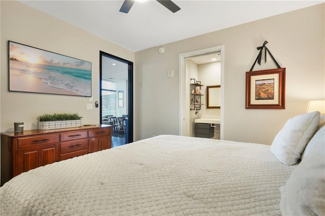 bedroom with ensuite bath and a ceiling fan