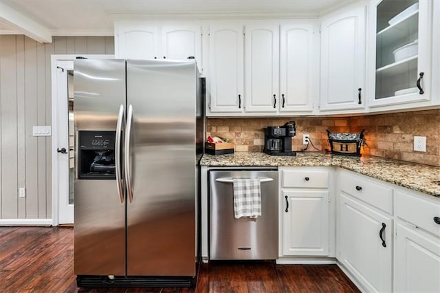 2057 High Shoals Rd, Dallas, GA 30132 - kitchen with stainless steel refrigerator with ice dispenser, dark wood-type flooring, backsplash, and crown molding