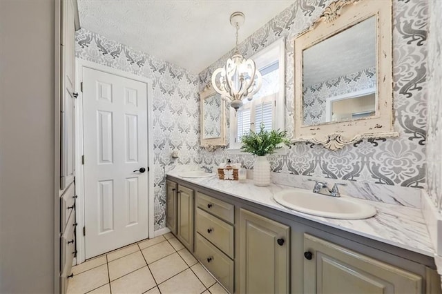 2057 High Shoals Rd, Dallas, GA 30132 - bathroom with a chandelier, double vanity, tile patterned floors, and wallpapered walls
