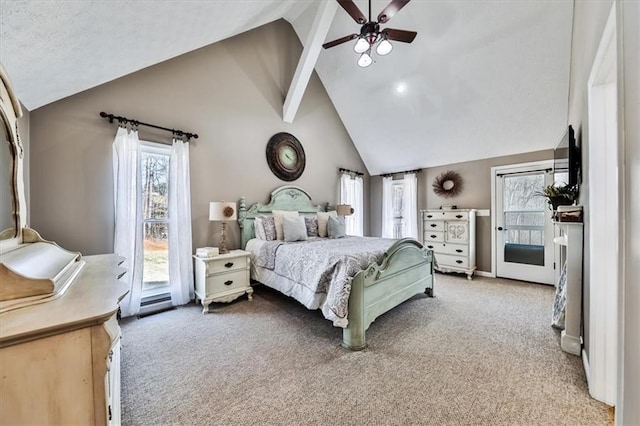 2057 High Shoals Rd, Dallas, GA 30132 - bedroom with carpet flooring, high vaulted ceiling, beamed ceiling, and a ceiling fan