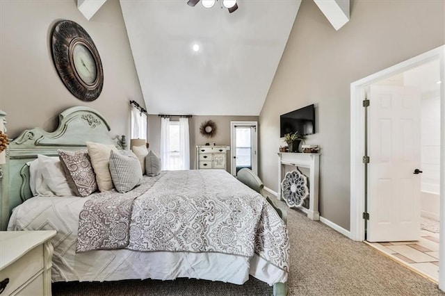 2057 High Shoals Rd, Dallas, GA 30132 - bedroom featuring carpet, lofted ceiling, and a ceiling fan