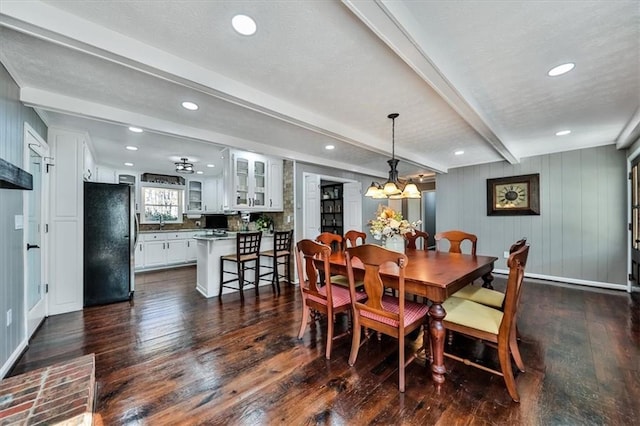 2057 High Shoals Rd, Dallas, GA 30132 - dining area featuring dark wood-style flooring, a chandelier, beamed ceiling, and recessed lighting