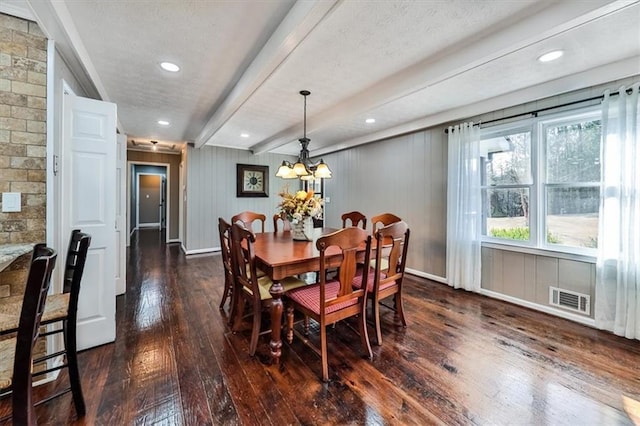 2057 High Shoals Rd, Dallas, GA 30132 - dining room featuring dark wood-style floors, beam ceiling, a chandelier, a textured ceiling, and recessed lighting