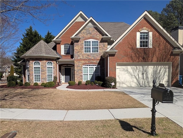 view of front of house featuring concrete driveway, stone siding, roof with shingles, an attached garage, and brick siding