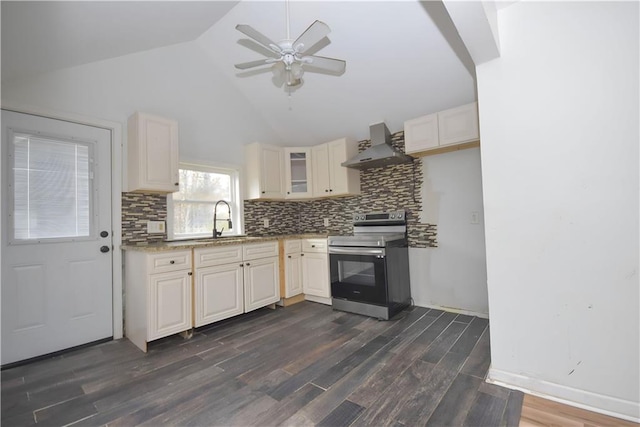 kitchen featuring stainless steel range with electric cooktop, wall chimney range hood, sink, dark hardwood / wood-style floors, and decorative backsplash