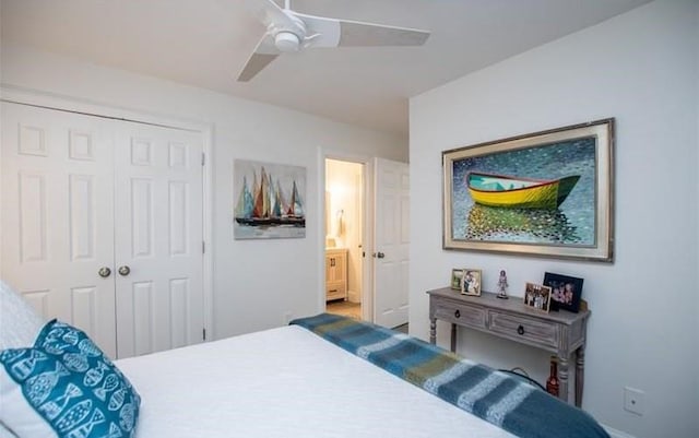 bedroom featuring ceiling fan, connected bathroom, and a closet