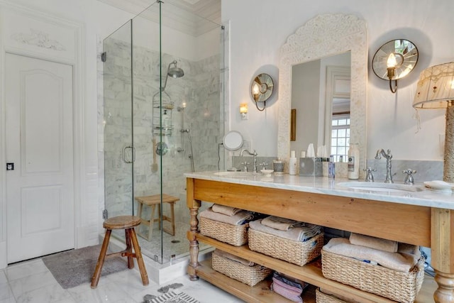 bathroom with tile patterned flooring, double sink vanity, ornamental molding, and a shower with shower door