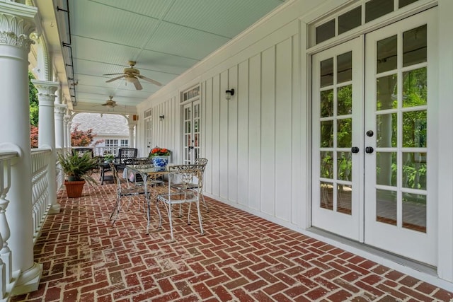 view of patio with covered porch, ceiling fan, and french doors