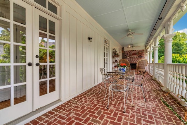 view of patio featuring french doors and ceiling fan