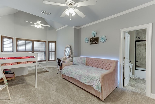 carpeted bedroom featuring high vaulted ceiling, crown molding, and ceiling fan