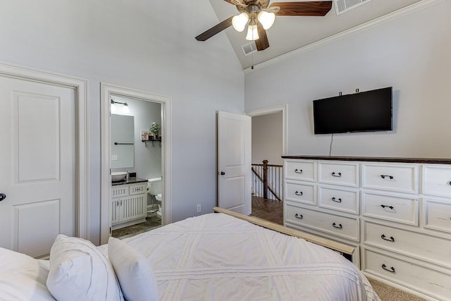 bedroom featuring ensuite bathroom, crown molding, high vaulted ceiling, and ceiling fan